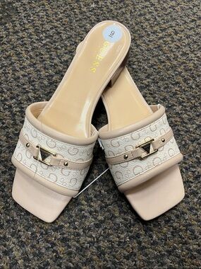 Guess Pink Beige Logo-Trim Slide Mules